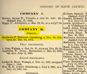 B.F. Holcomb, Company K - History of Knox County, Illinois (1878)