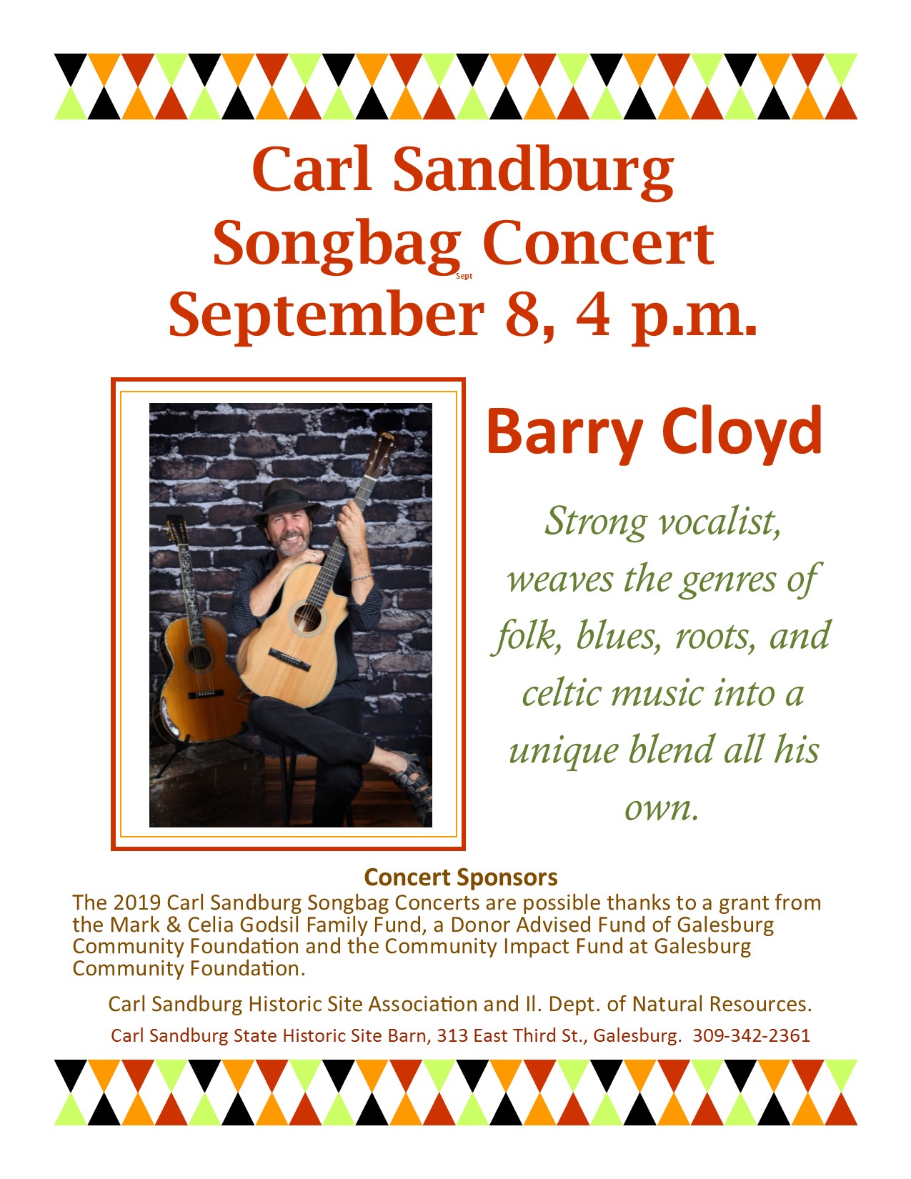 Barry Cloyd, Sandburg Songbag Concert, Sunday, September 8, 2019, 4:00 pm