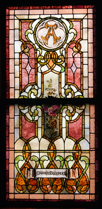 Stained glass window in Central Congregational Church, Galesburg, for former First Church pastor, Edward Beecher, 1858-1871