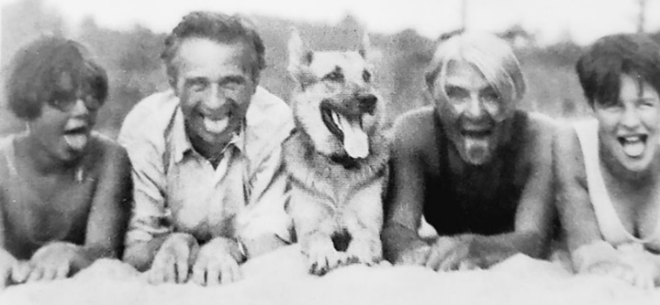 Panting on the Beach (L-R) Helga Sandburg, Edward Stechen, Bosco (the dog), Carl Sandburg, Janet Sandburg.