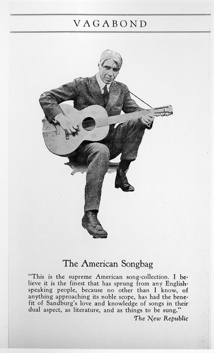 Flyer of Carl Sandburg with guitar promoting The American Songbag (c1926, 1950)