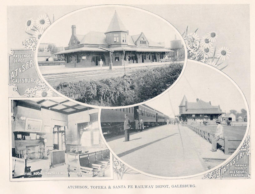 Postcard of original Achison, Topeka & Santa Fe Railway Station, Galesburg, IL