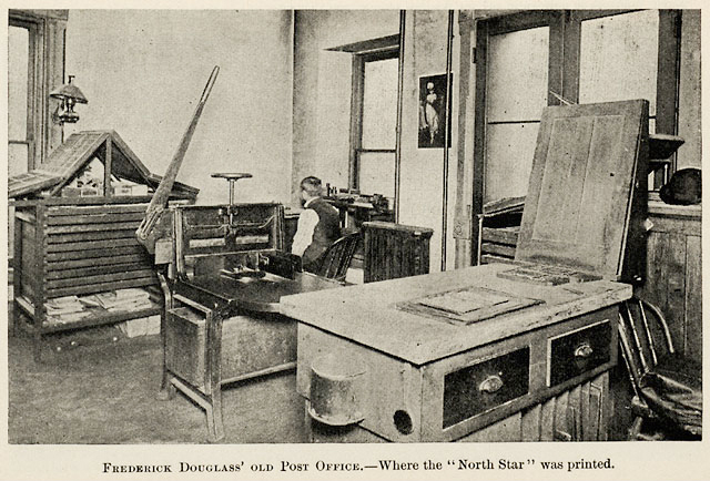 The newspaper office of Fredrick Douglass in Rochester, N.Y. looked pretty much like thousands of small newspaper offices all over the U.S. in the 19th Century. (Courtesy of the Rochester Public Library)